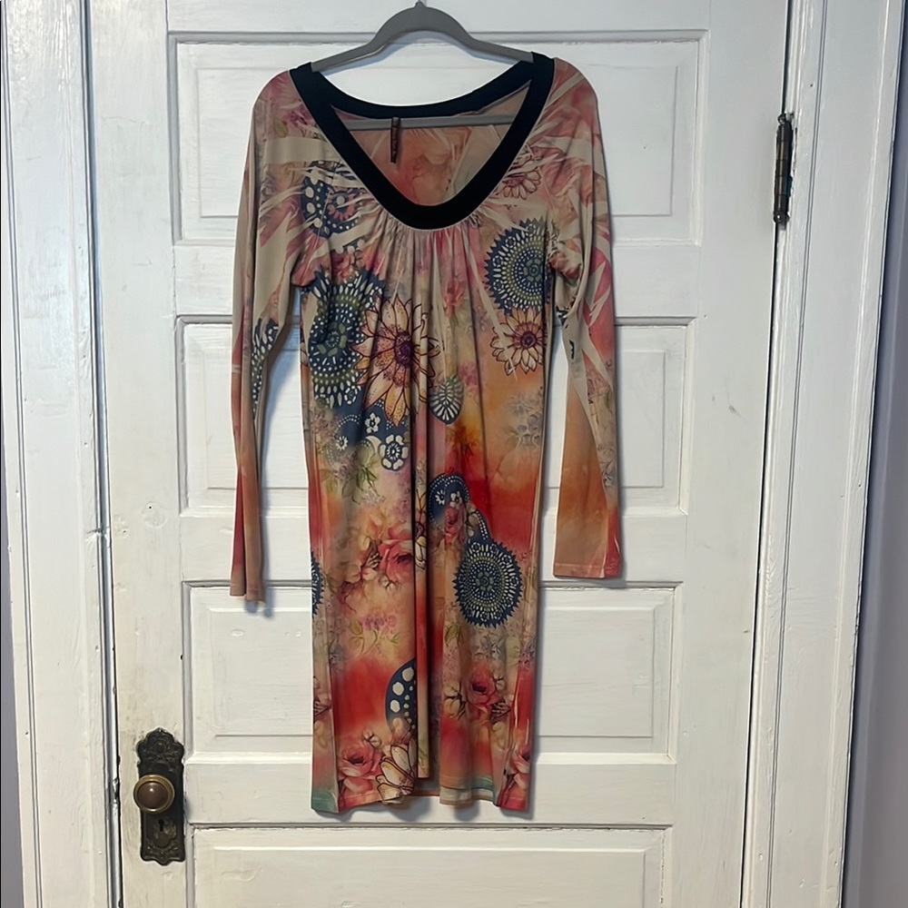 Vibrant Orange and Blue Long Sleeve Dress